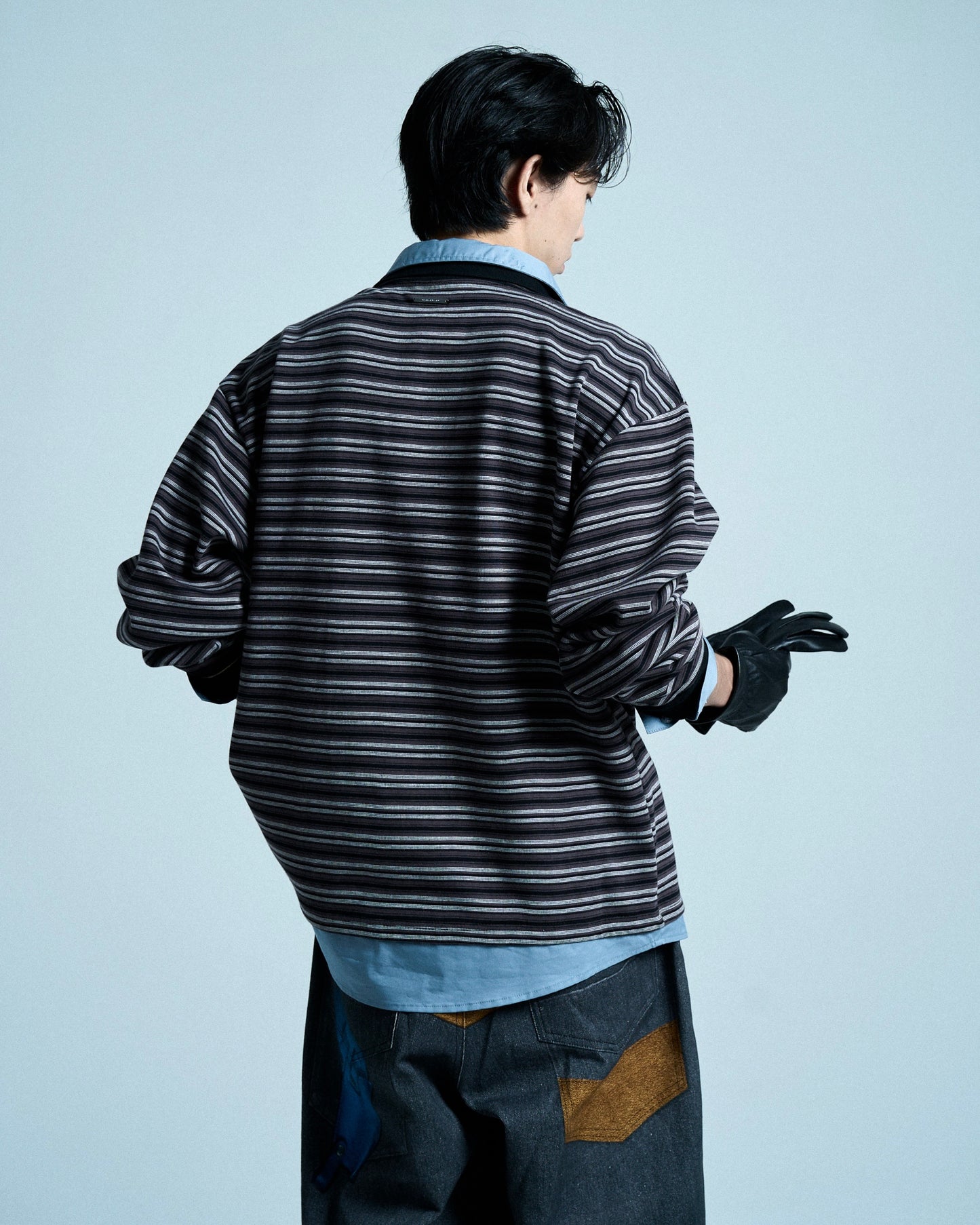 DOUBLE COLLAR LAYERED BORDER POLO L/S SHIRTS