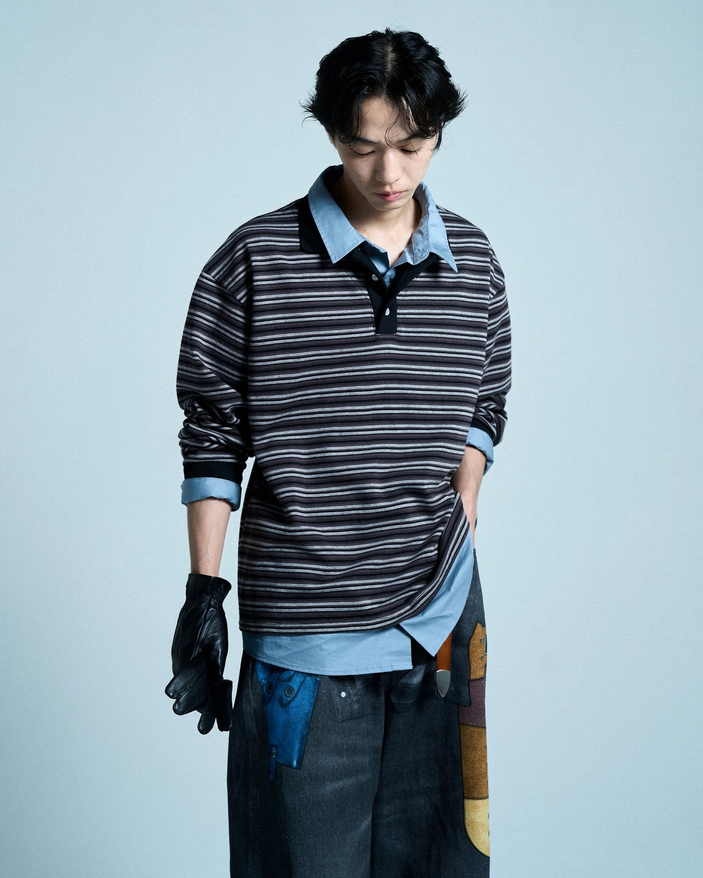 DOUBLE COLLAR LAYERED BORDER POLO L/S SHIRTS