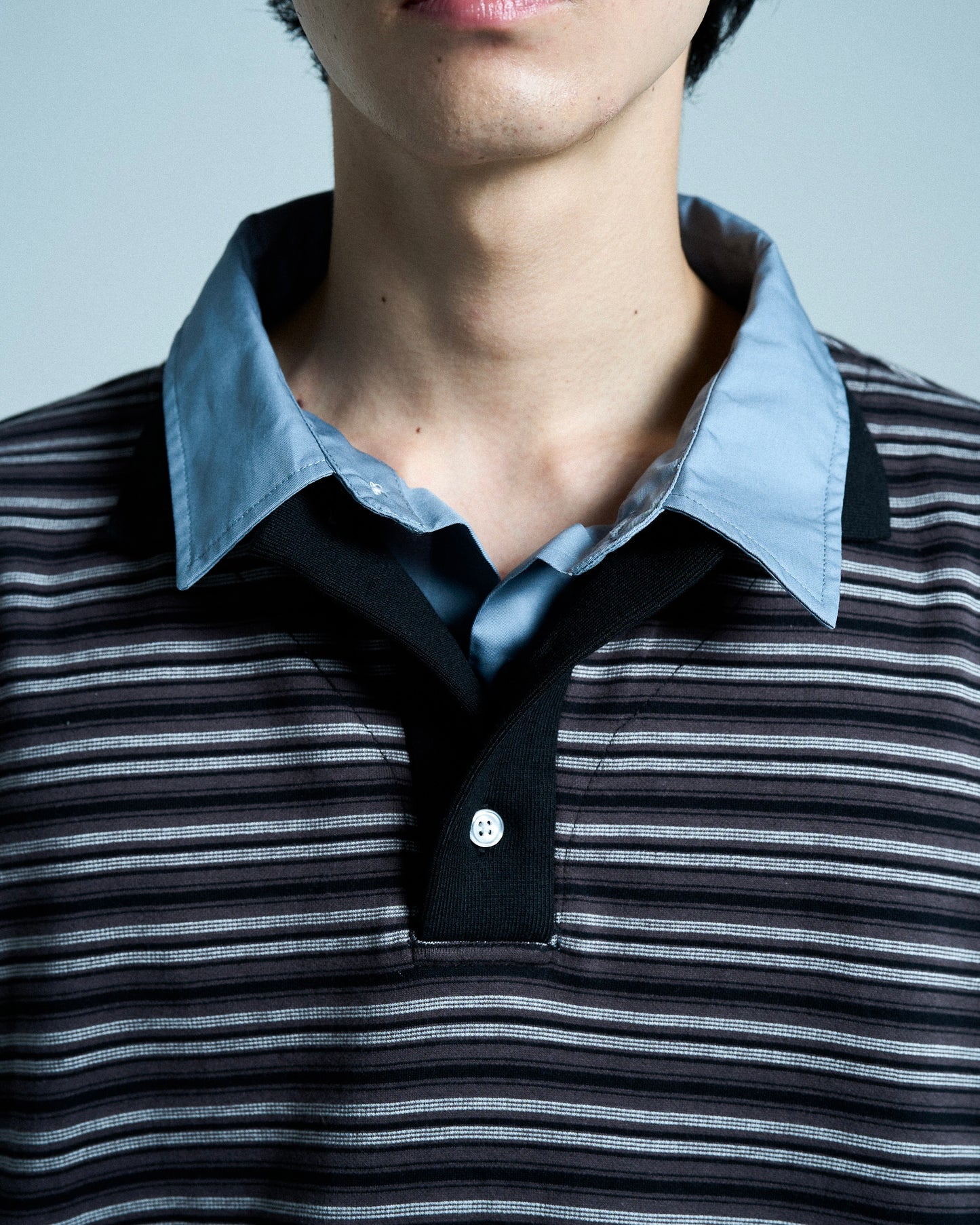 DOUBLE COLLAR LAYERED BORDER POLO L/S SHIRTS