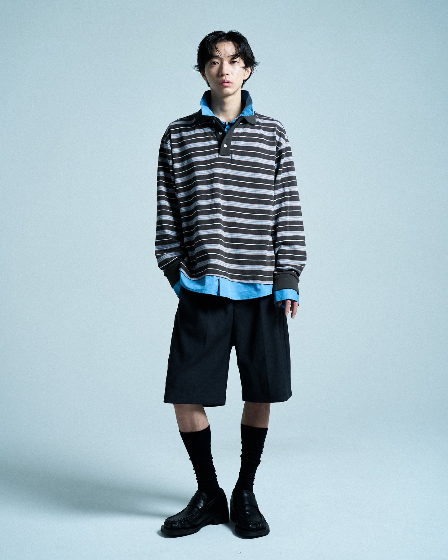 DOUBLE COLLAR LAYERED BORDER POLO L/S SHIRTS