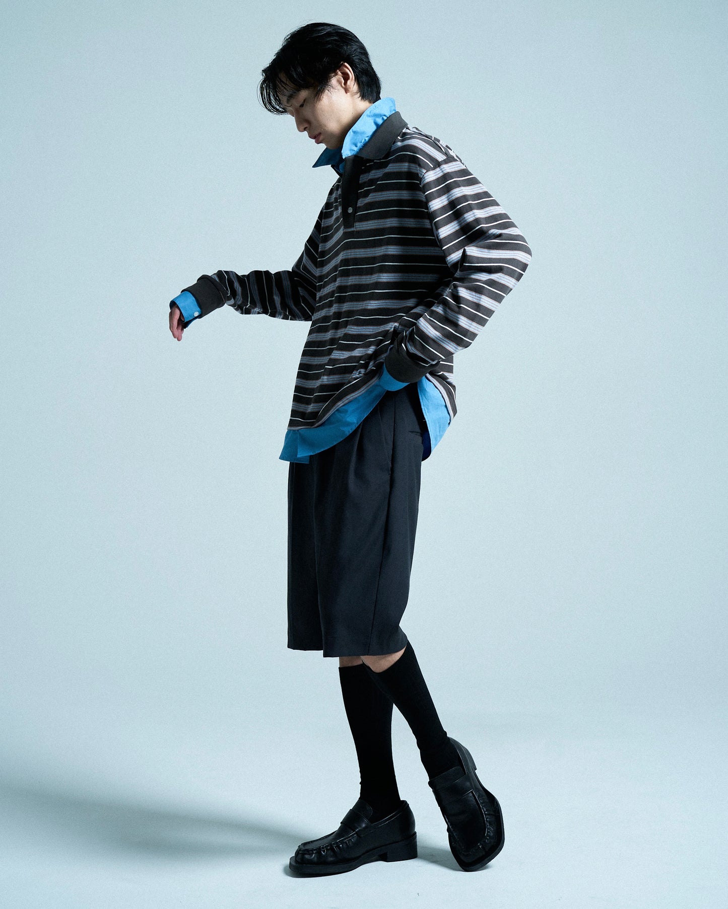 DOUBLE COLLAR LAYERED BORDER POLO L/S SHIRTS