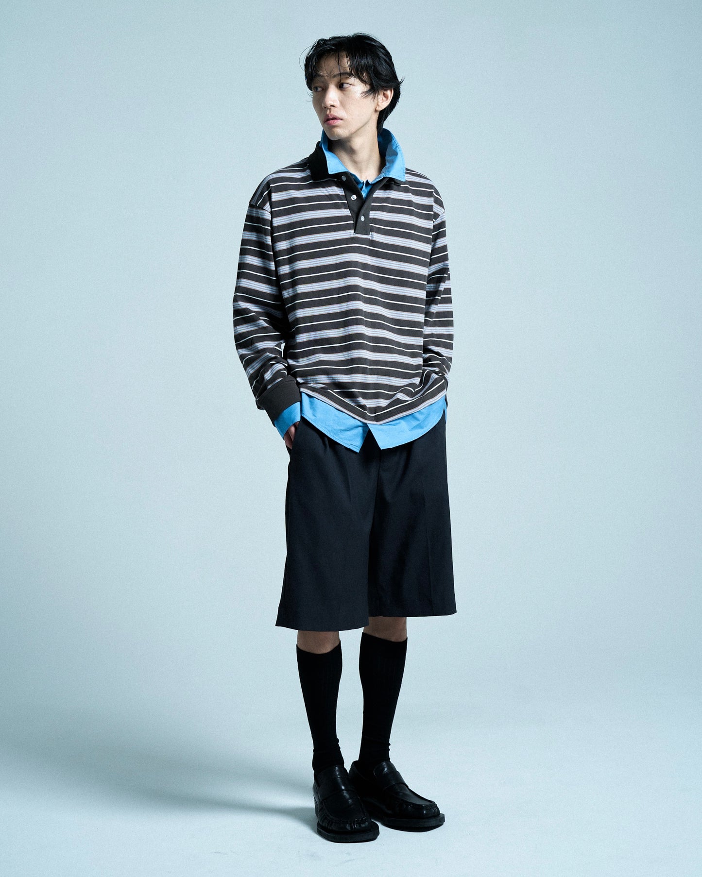 DOUBLE COLLAR LAYERED BORDER POLO L/S SHIRTS
