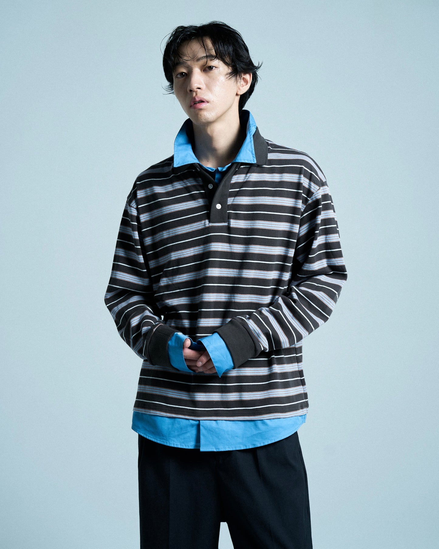 DOUBLE COLLAR LAYERED BORDER POLO L/S SHIRTS