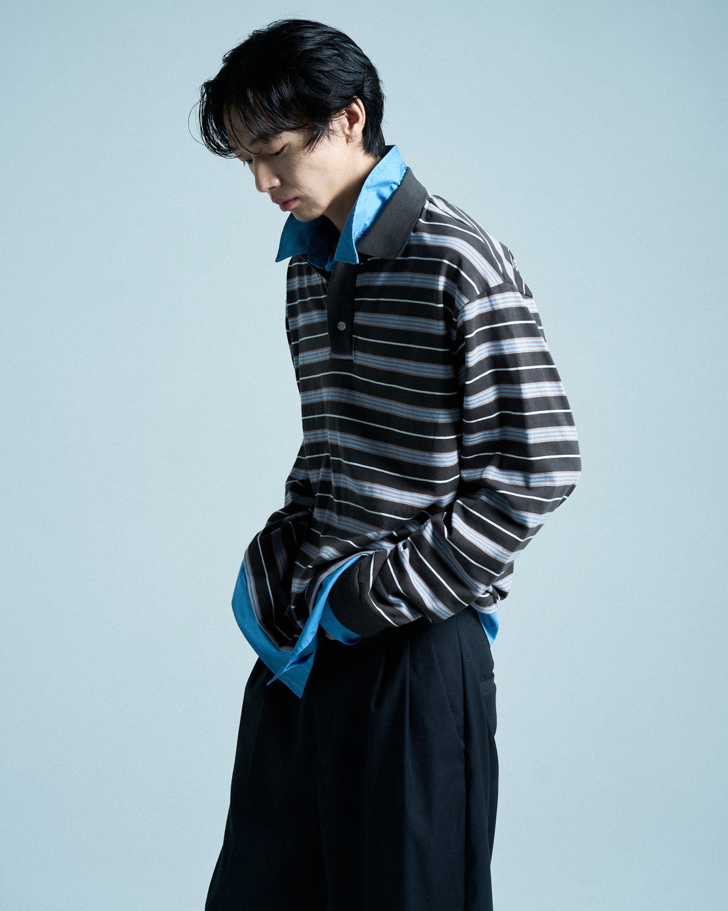 DOUBLE COLLAR LAYERED BORDER POLO L/S SHIRTS
