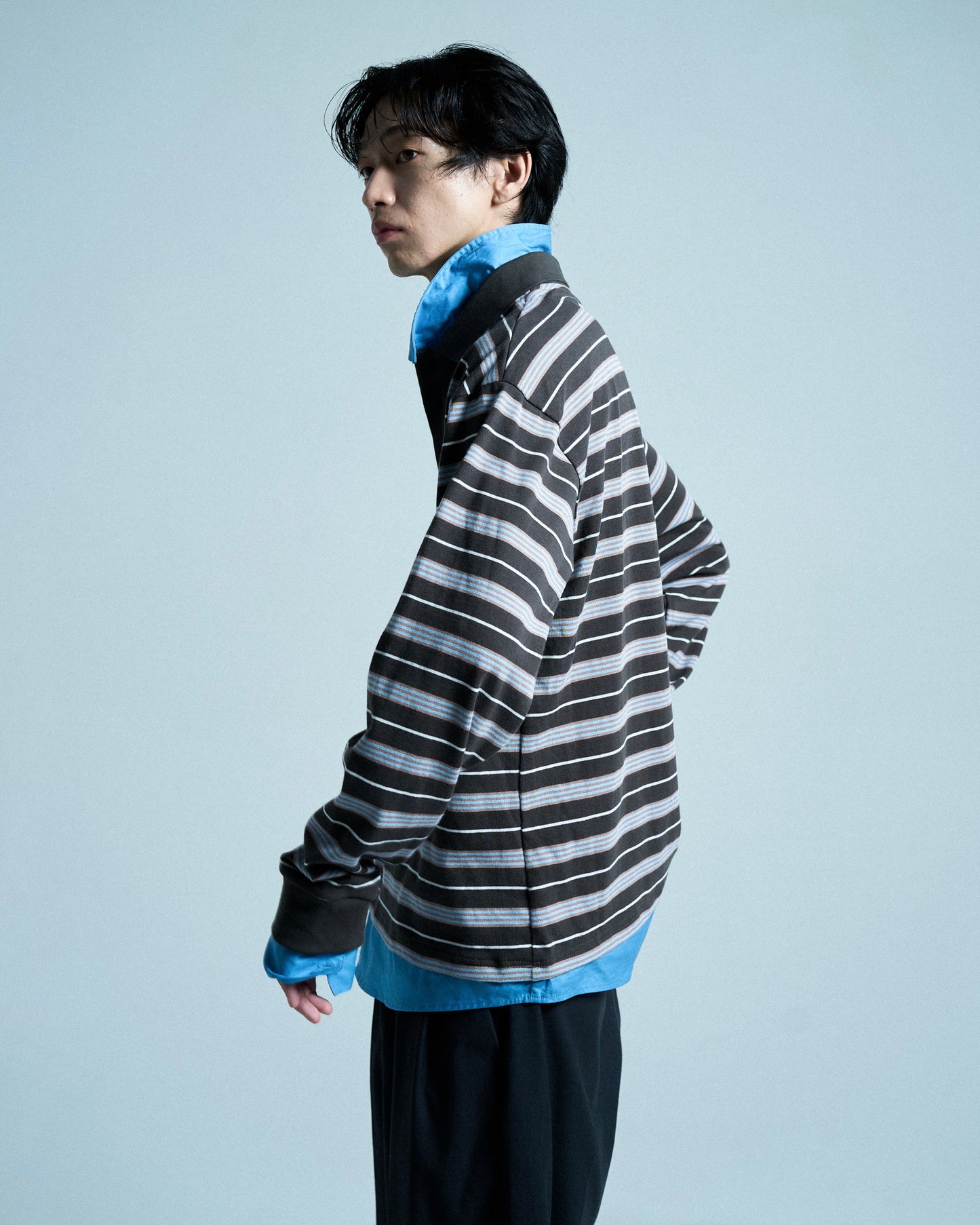 DOUBLE COLLAR LAYERED BORDER POLO L/S SHIRTS