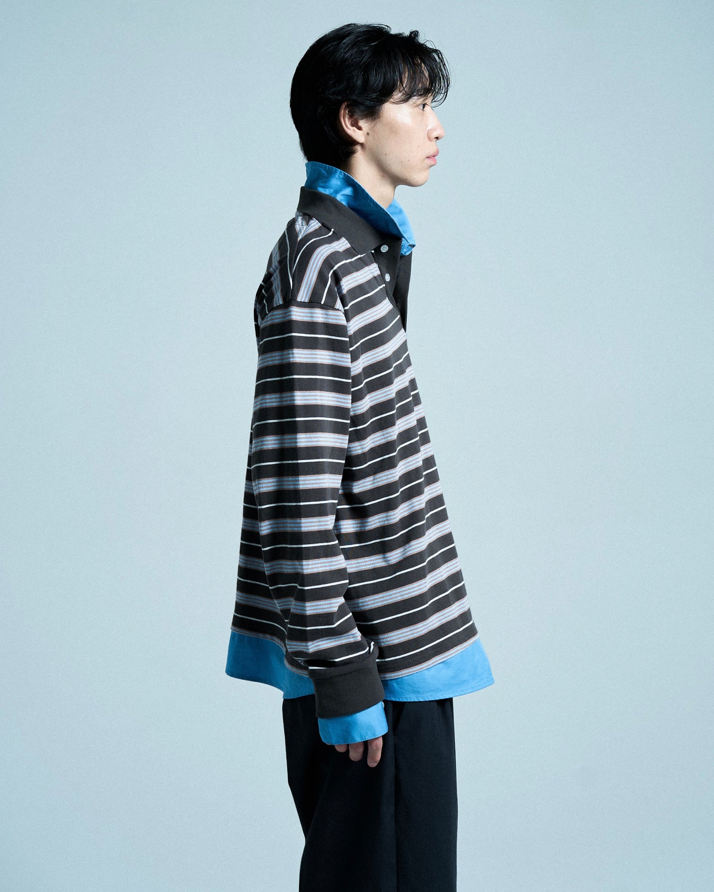 DOUBLE COLLAR LAYERED BORDER POLO L/S SHIRTS