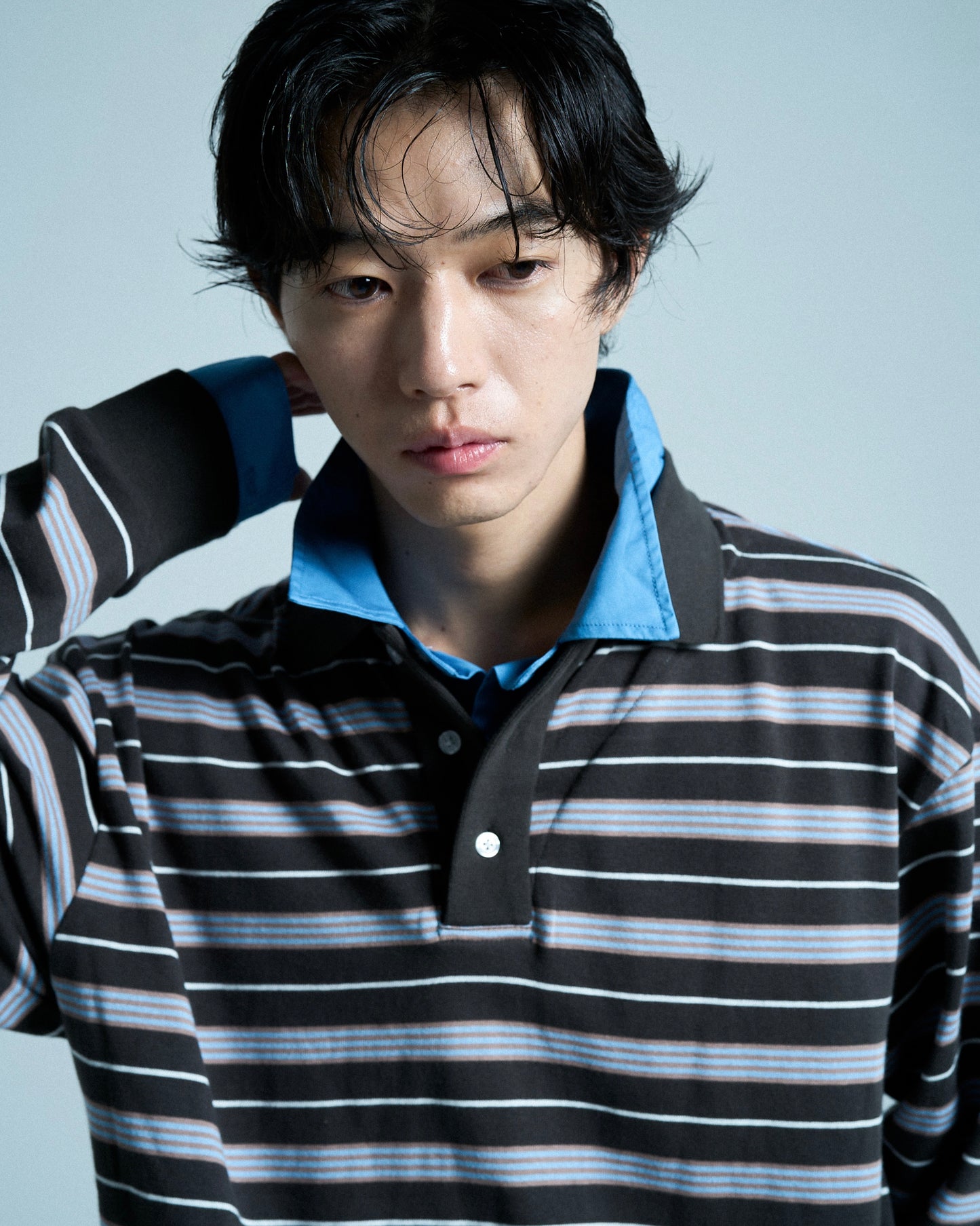 DOUBLE COLLAR LAYERED BORDER POLO L/S SHIRTS