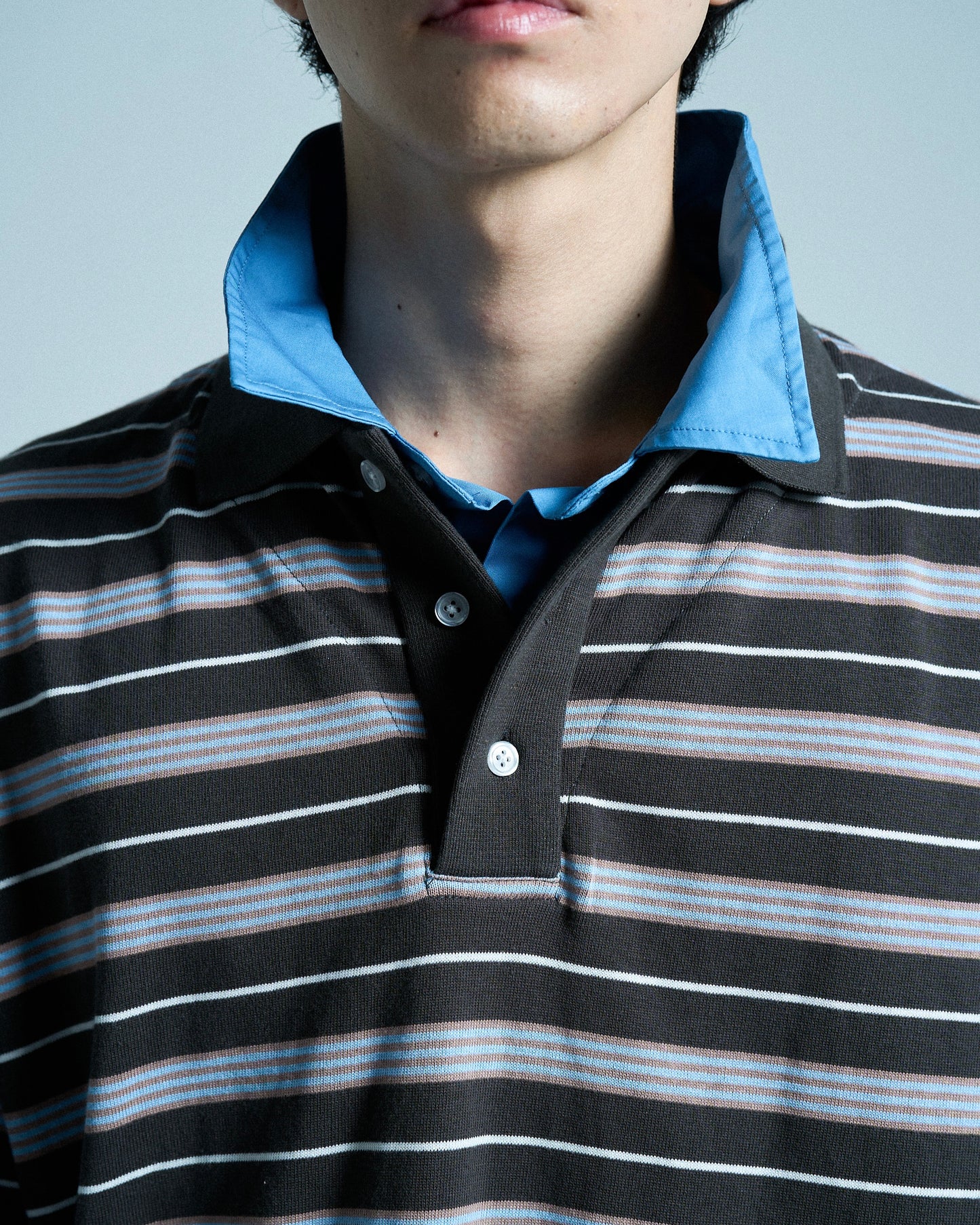 DOUBLE COLLAR LAYERED BORDER POLO L/S SHIRTS