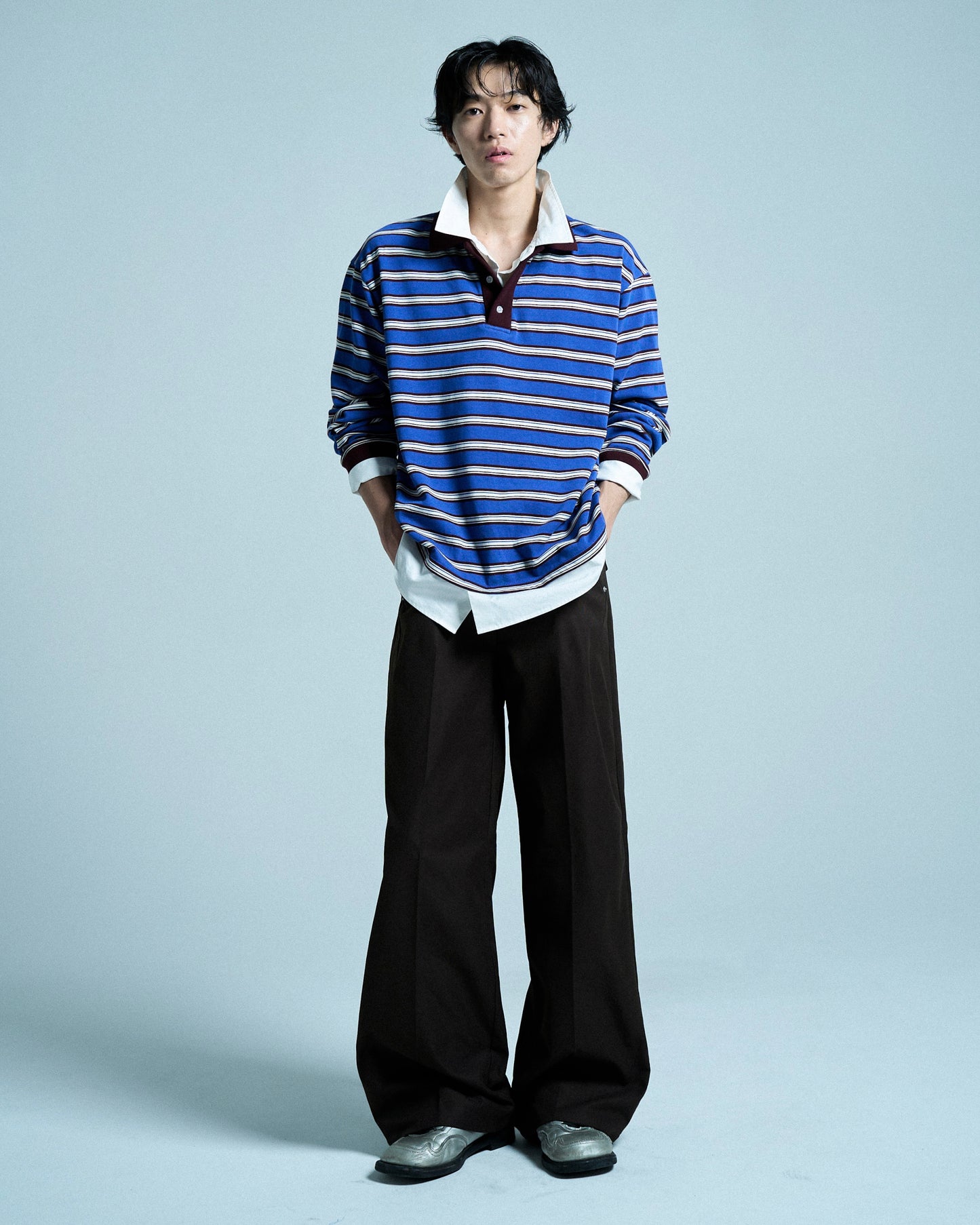 DOUBLE COLLAR LAYERED BORDER POLO L/S SHIRTS