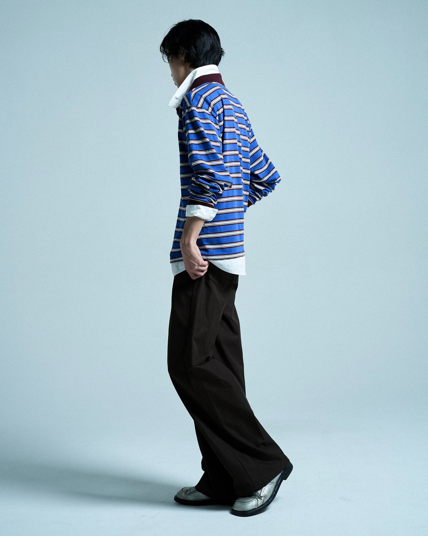 DOUBLE COLLAR LAYERED BORDER POLO L/S SHIRTS