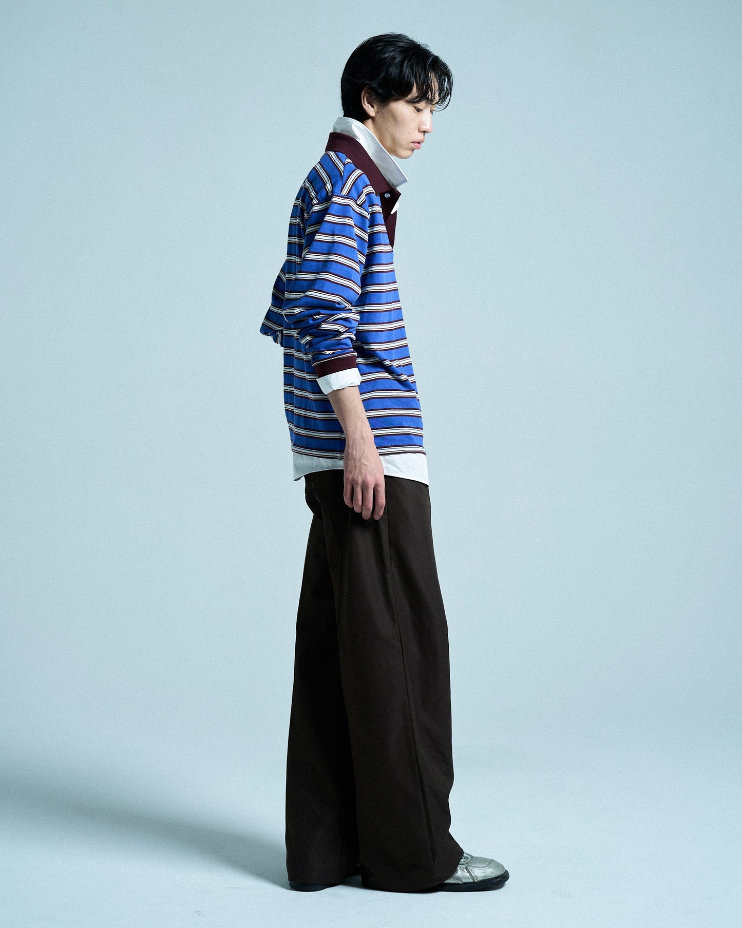 DOUBLE COLLAR LAYERED BORDER POLO L/S SHIRTS