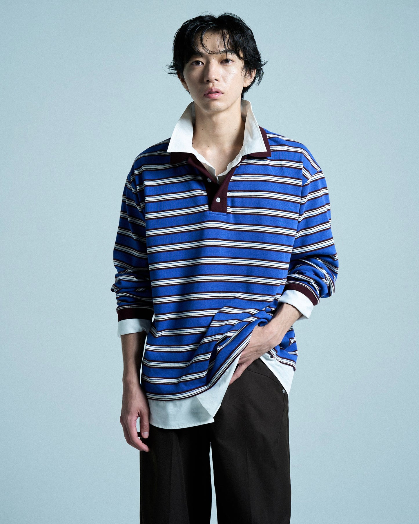 DOUBLE COLLAR LAYERED BORDER POLO L/S SHIRTS