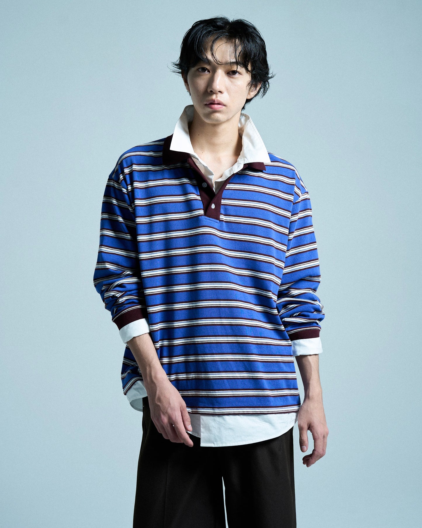 DOUBLE COLLAR LAYERED BORDER POLO L/S SHIRTS