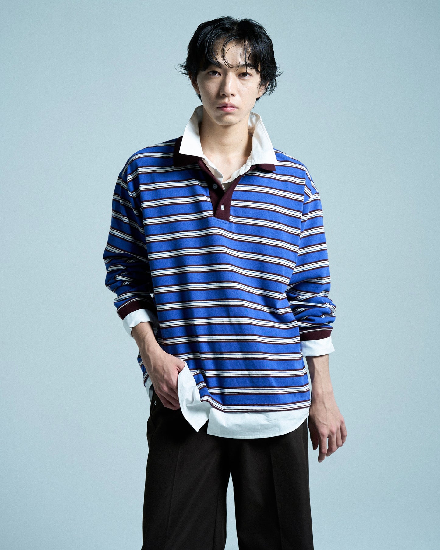 DOUBLE COLLAR LAYERED BORDER POLO L/S SHIRTS