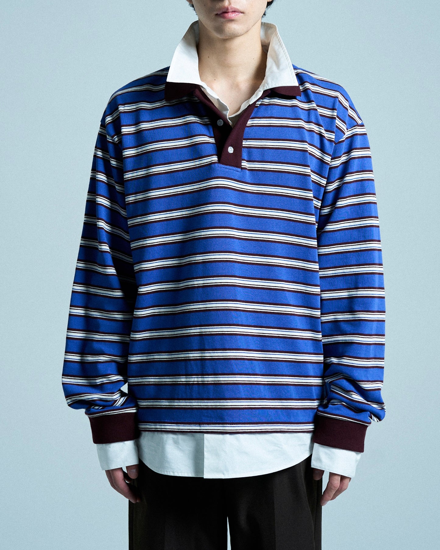 DOUBLE COLLAR LAYERED BORDER POLO L/S SHIRTS