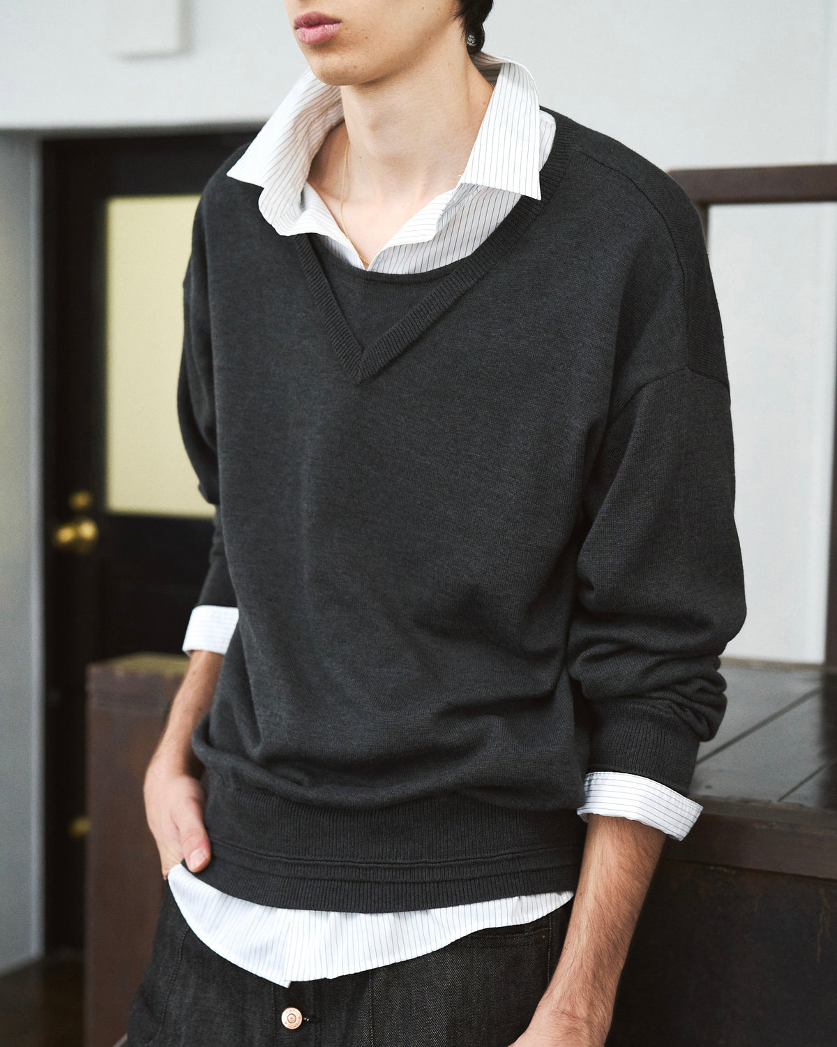 DOUBLE LAYERED V-NECK SWEATER