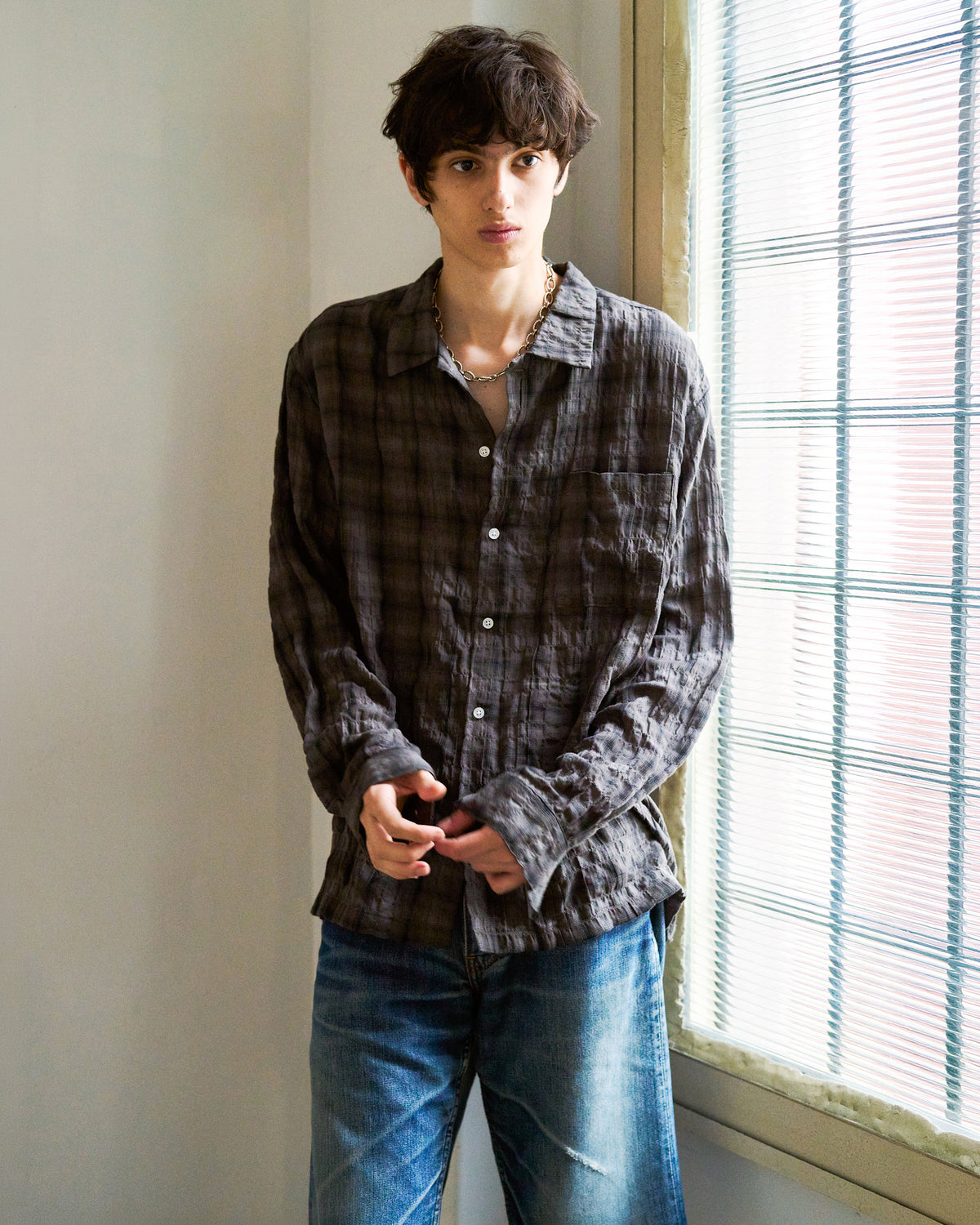 L/S SHIRRING CHECK SHIRT