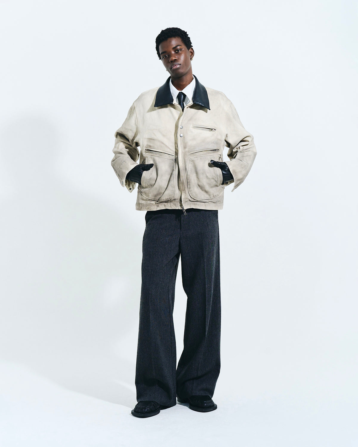 FAUX LEATHER COLLAR FADED DETROIT JACKET