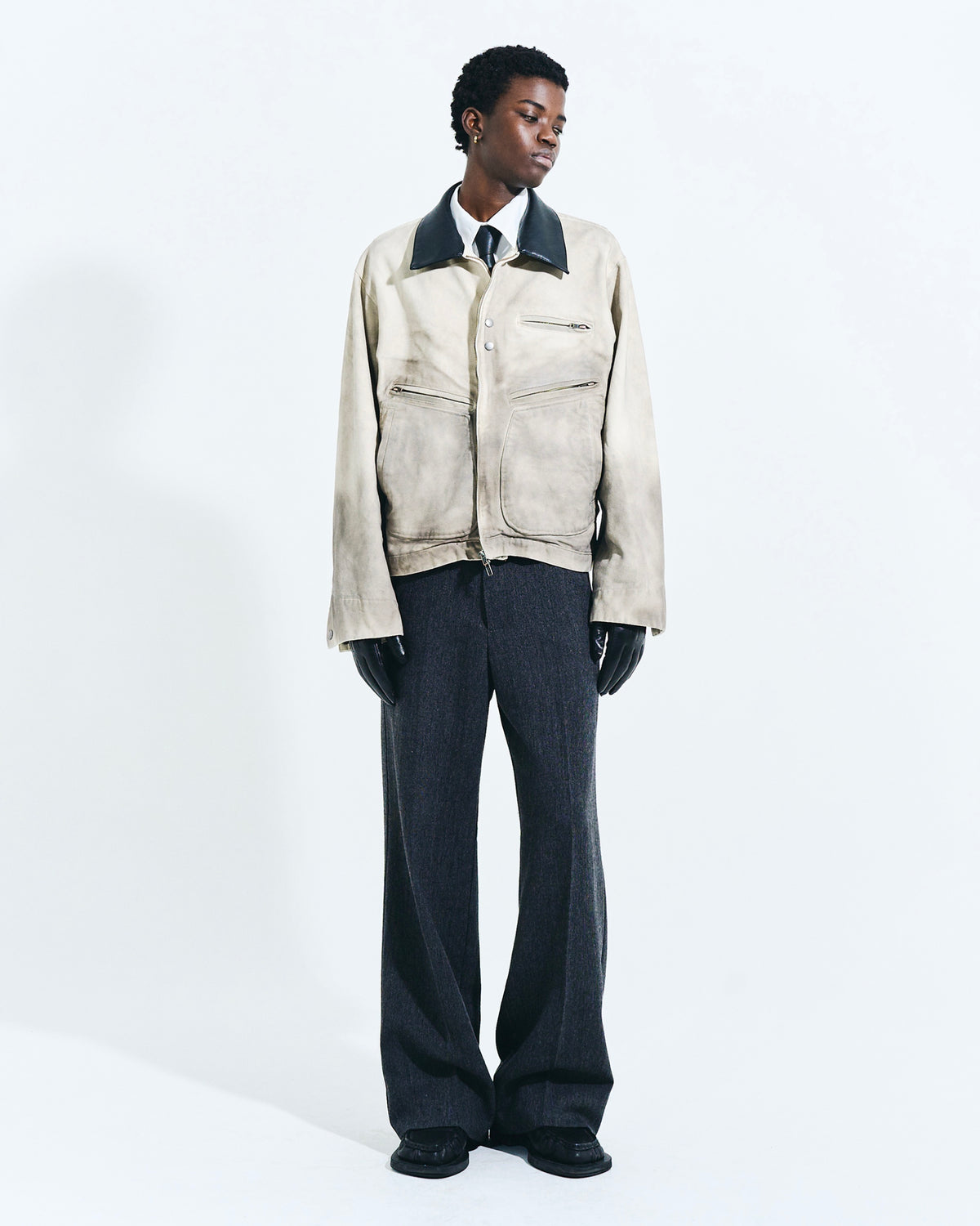 FAUX LEATHER COLLAR FADED DETROIT JACKET