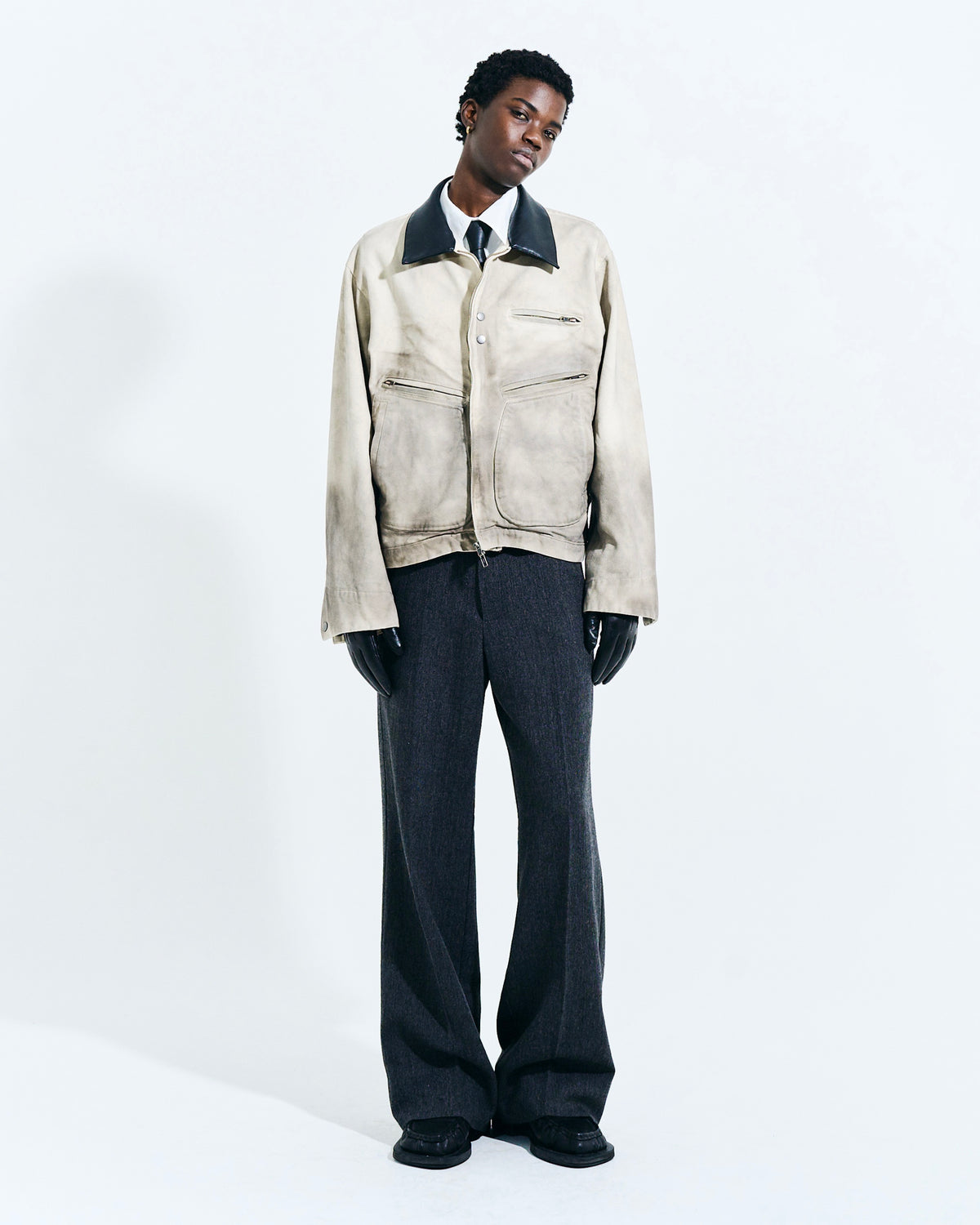 FAUX LEATHER COLLAR FADED DETROIT JACKET