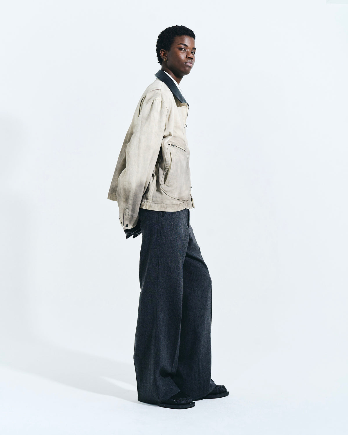 FAUX LEATHER COLLAR FADED DETROIT JACKET