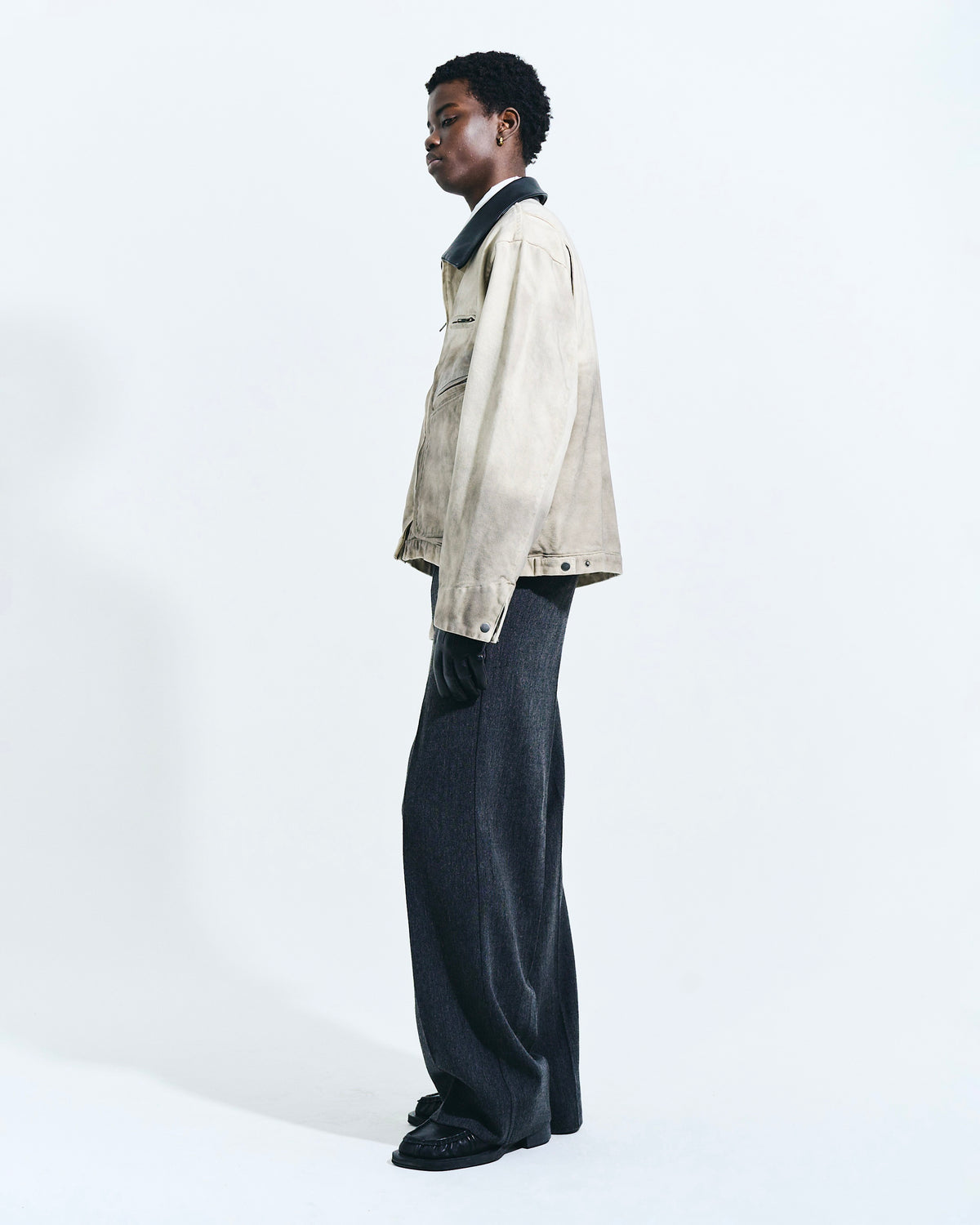 FAUX LEATHER COLLAR FADED DETROIT JACKET