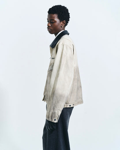 FAUX LEATHER COLLAR FADED DETROIT JACKET