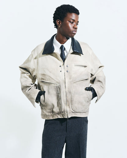 FAUX LEATHER COLLAR FADED DETROIT JACKET