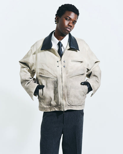 FAUX LEATHER COLLAR FADED DETROIT JACKET