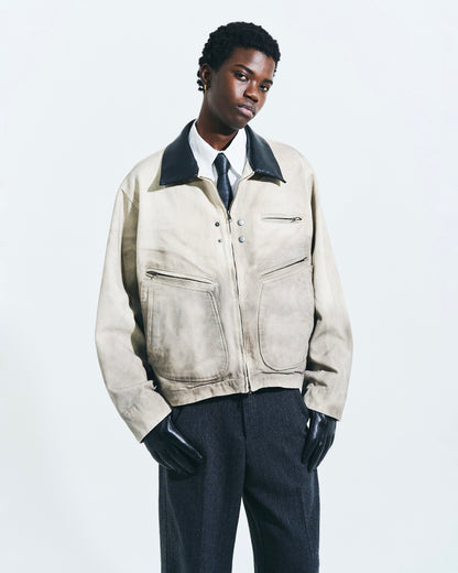 FAUX LEATHER COLLAR FADED DETROIT JACKET