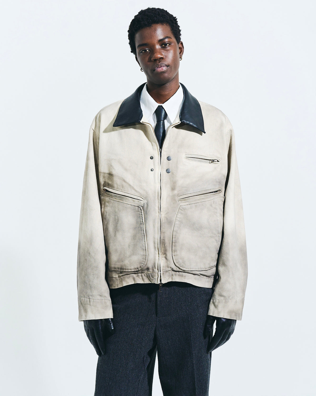 FAUX LEATHER COLLAR FADED DETROIT JACKET