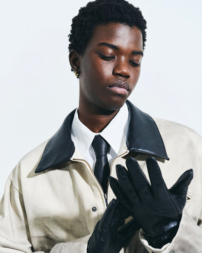 FAUX LEATHER COLLAR FADED DETROIT JACKET