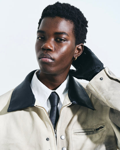 FAUX LEATHER COLLAR FADED DETROIT JACKET