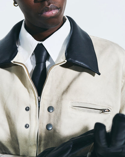 FAUX LEATHER COLLAR FADED DETROIT JACKET