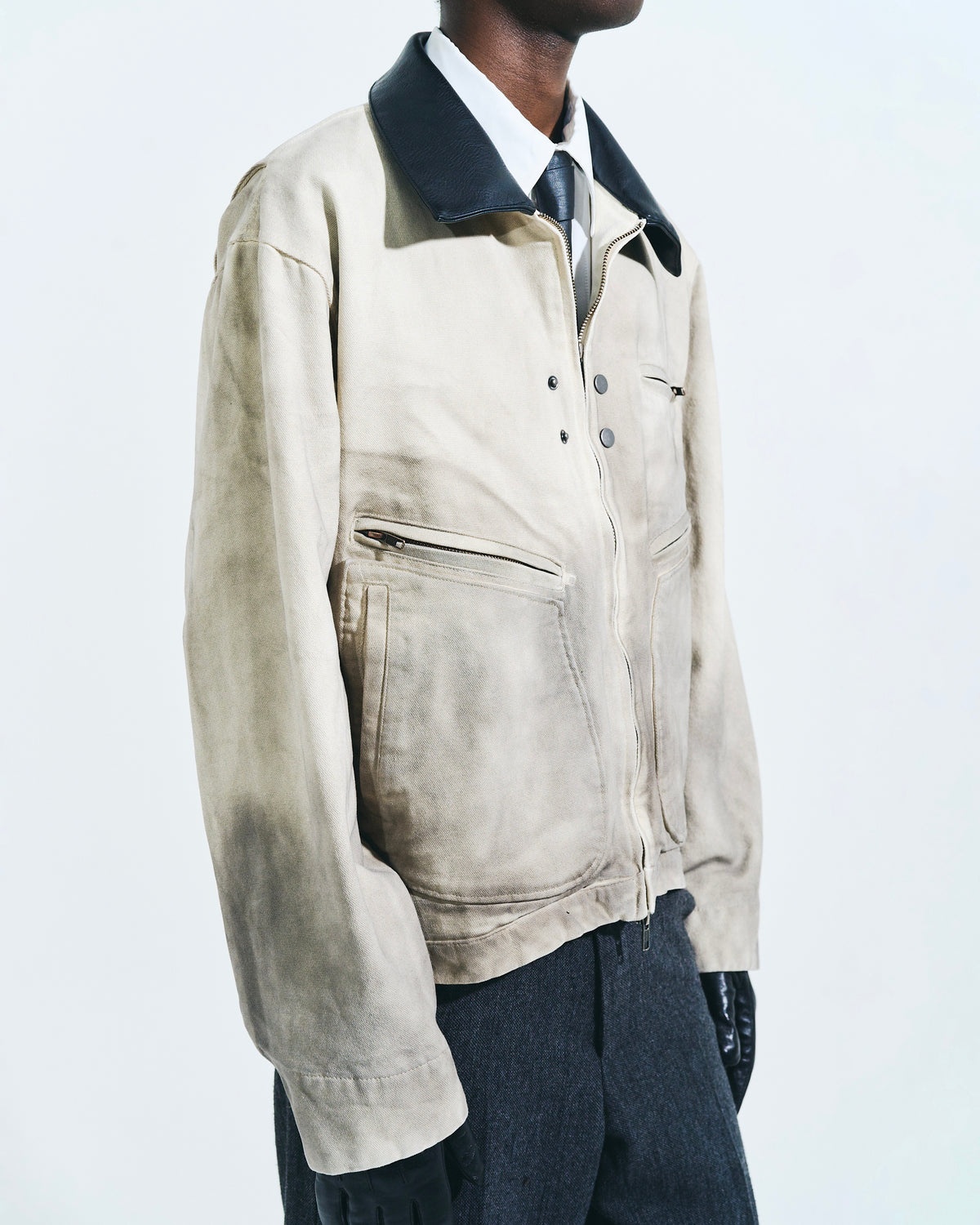 FAUX LEATHER COLLAR FADED DETROIT JACKET