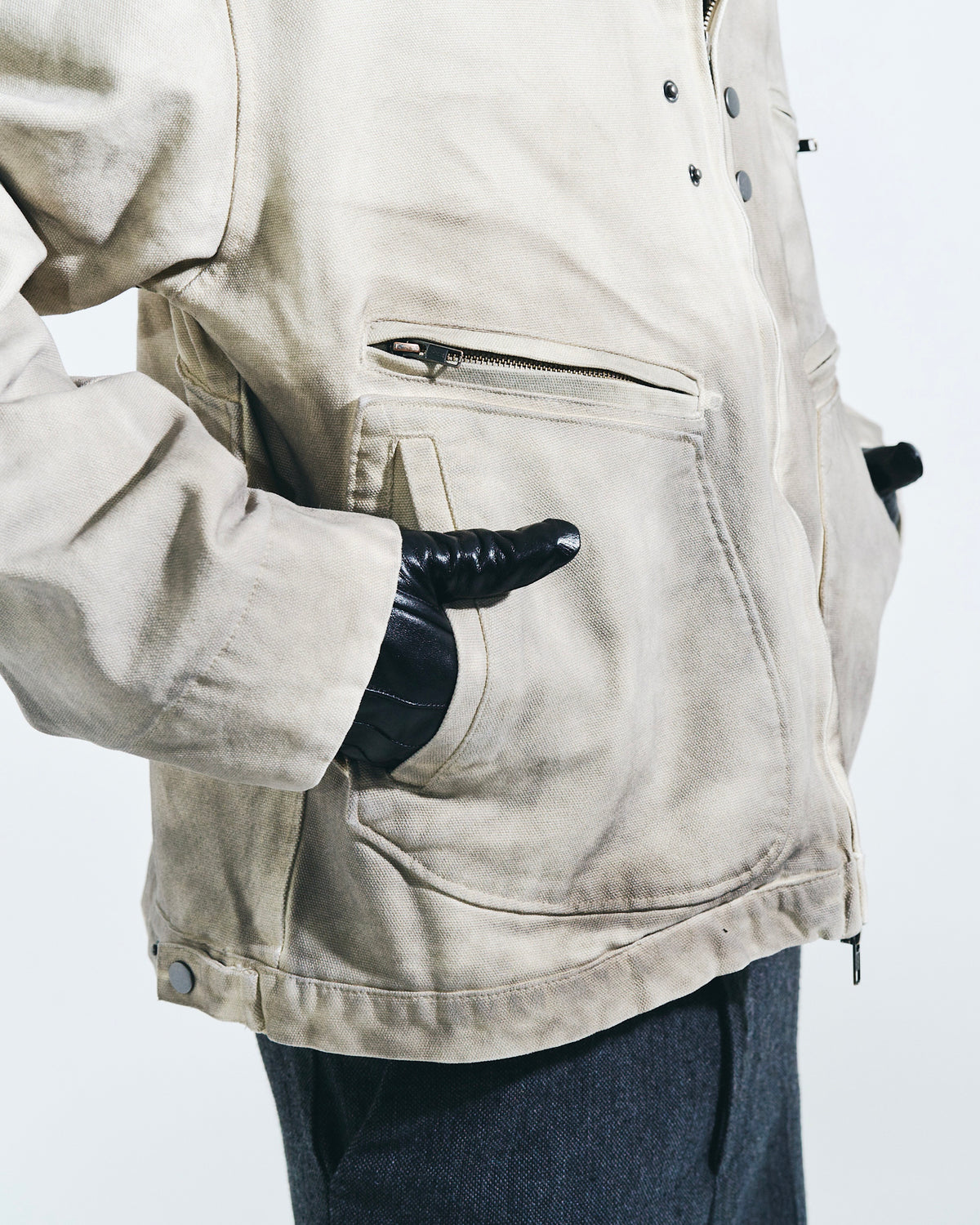 FAUX LEATHER COLLAR FADED DETROIT JACKET