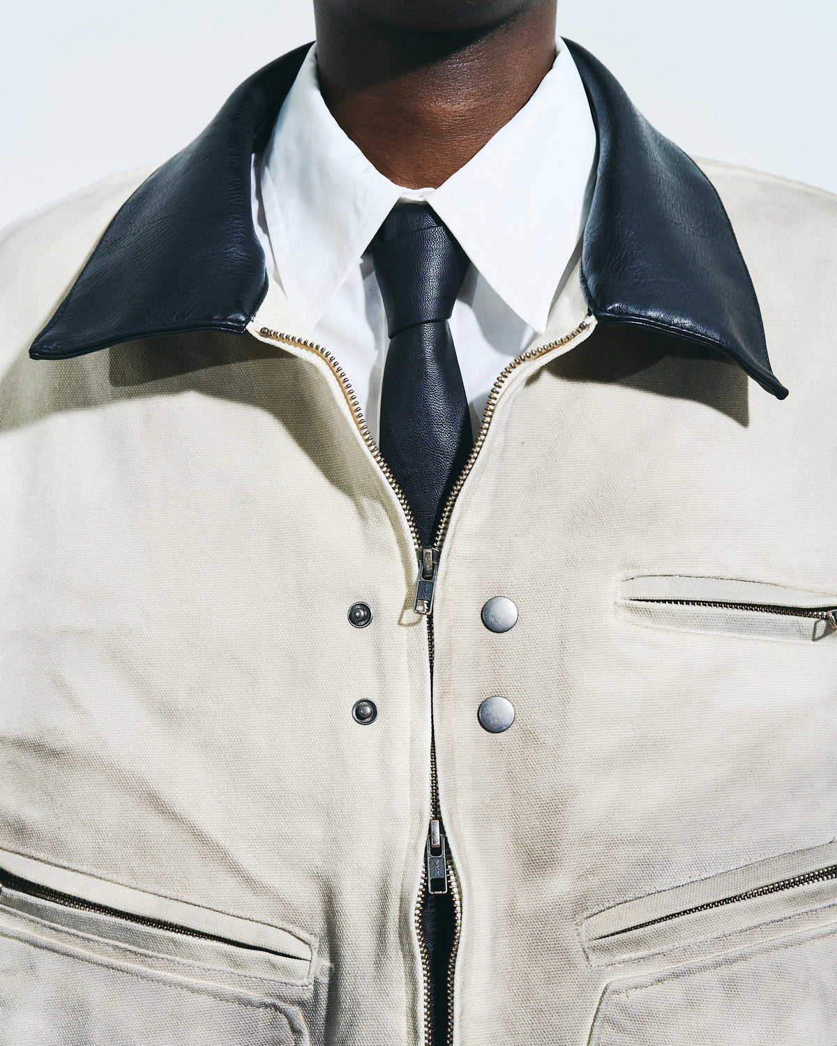 FAUX LEATHER COLLAR FADED DETROIT JACKET