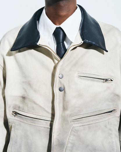 FAUX LEATHER COLLAR FADED DETROIT JACKET