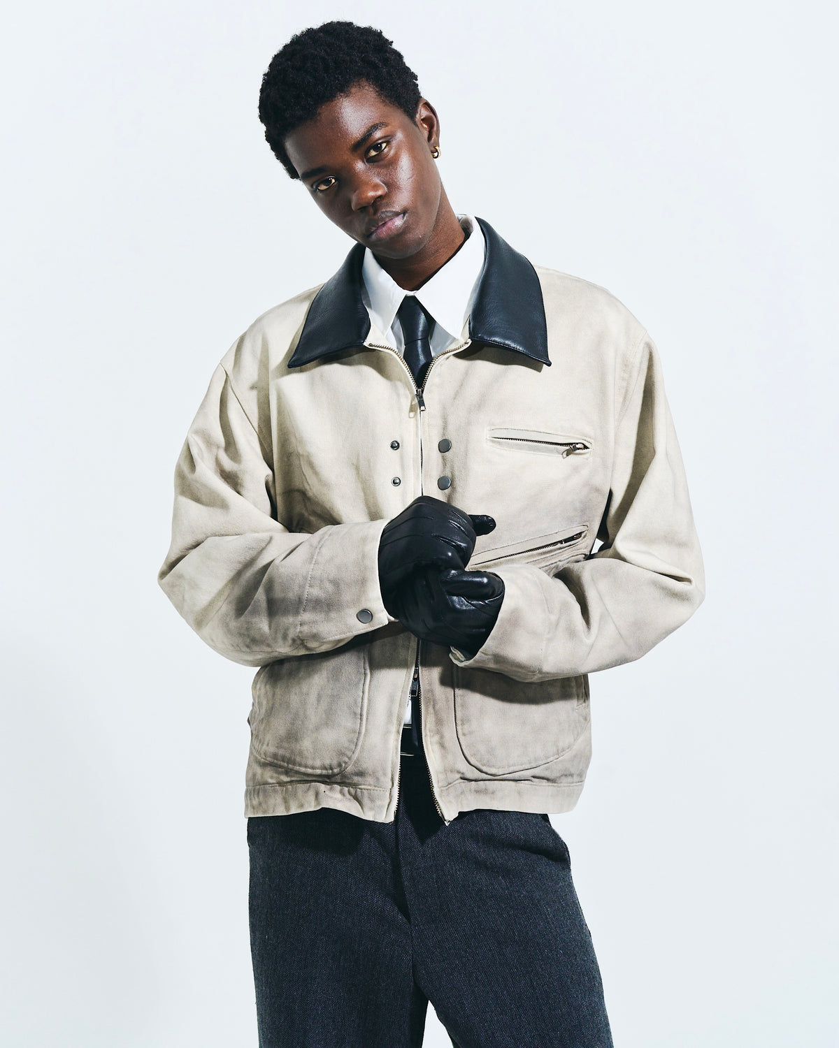 FAUX LEATHER COLLAR FADED DETROIT JACKET