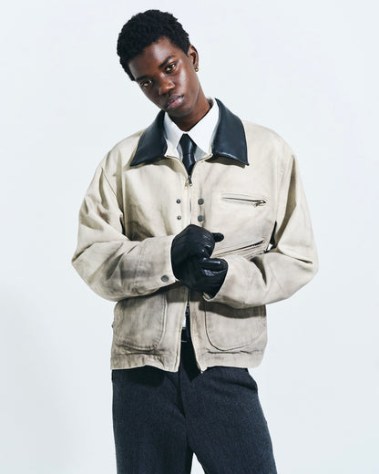 FAUX LEATHER COLLAR FADED DETROIT JACKET