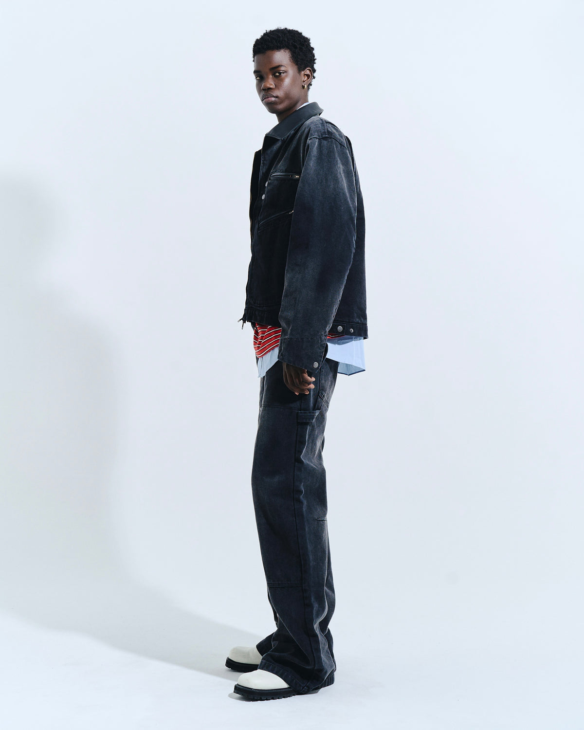 FAUX LEATHER COLLAR FADED DETROIT JACKET