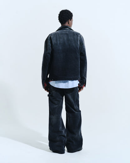 FAUX LEATHER COLLAR FADED DETROIT JACKET
