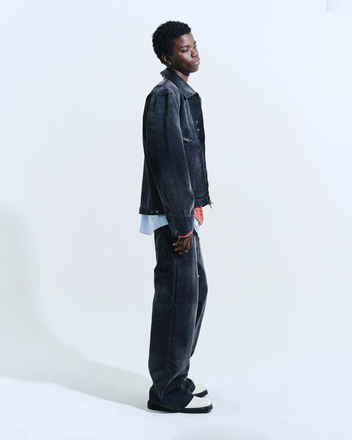 FAUX LEATHER COLLAR FADED DETROIT JACKET