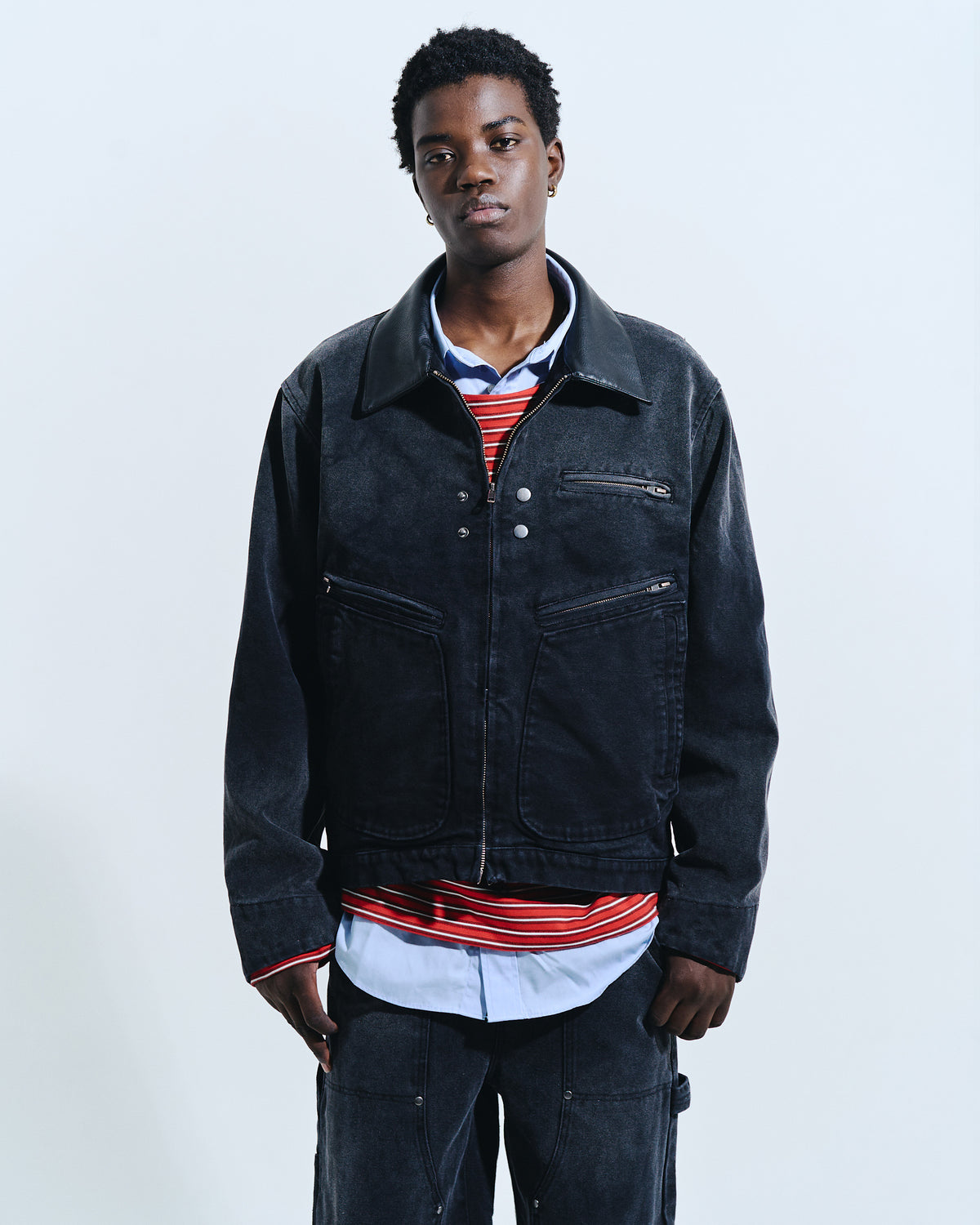 FAUX LEATHER COLLAR FADED DETROIT JACKET