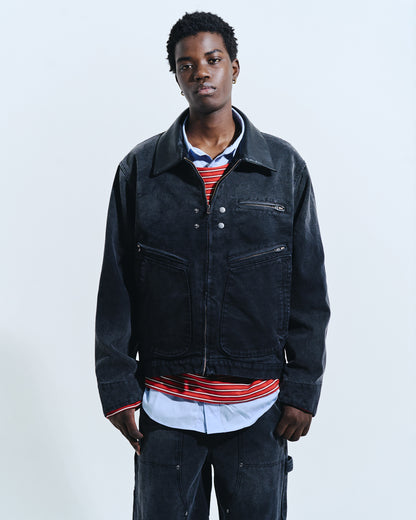 FAUX LEATHER COLLAR FADED DETROIT JACKET