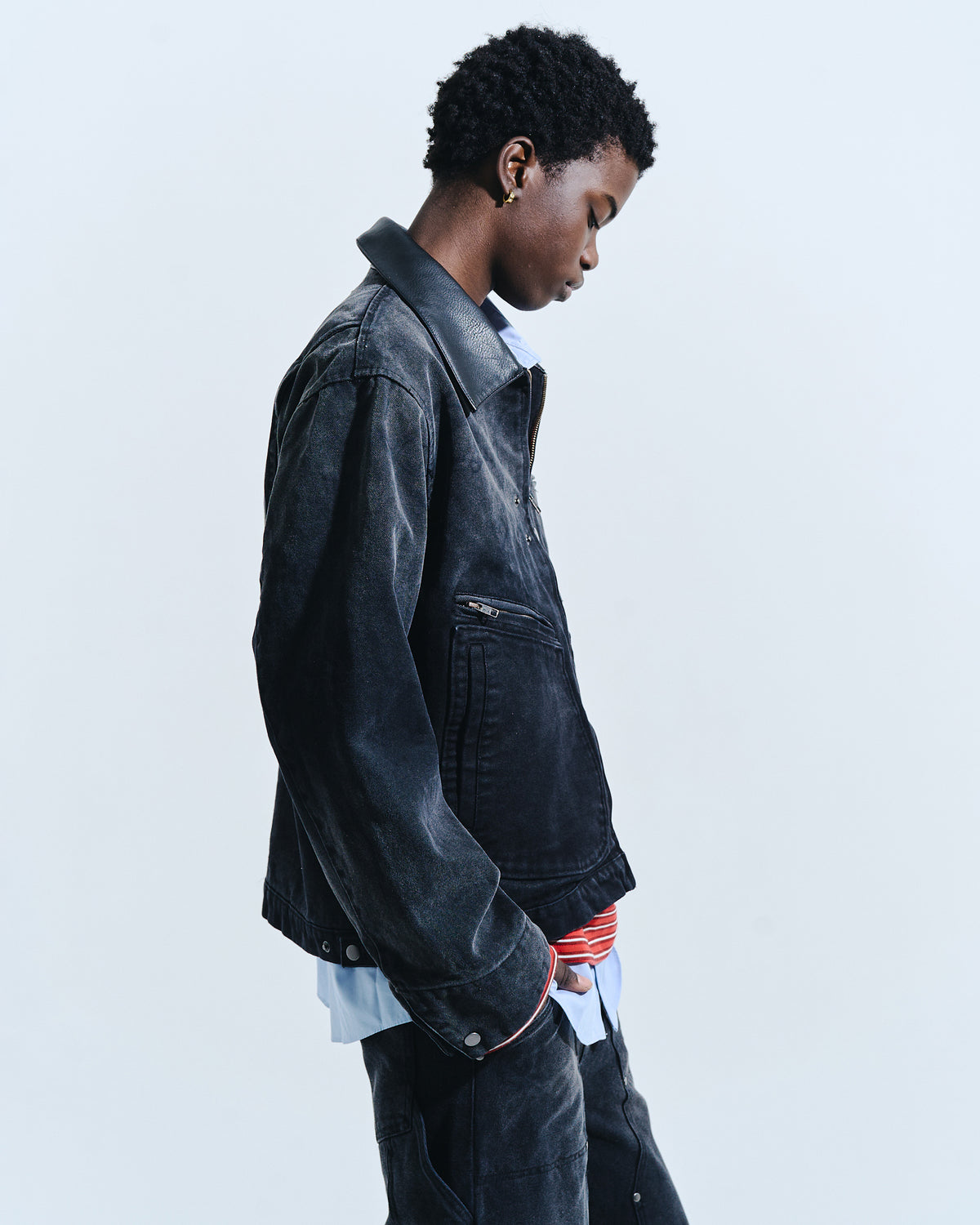 FAUX LEATHER COLLAR FADED DETROIT JACKET