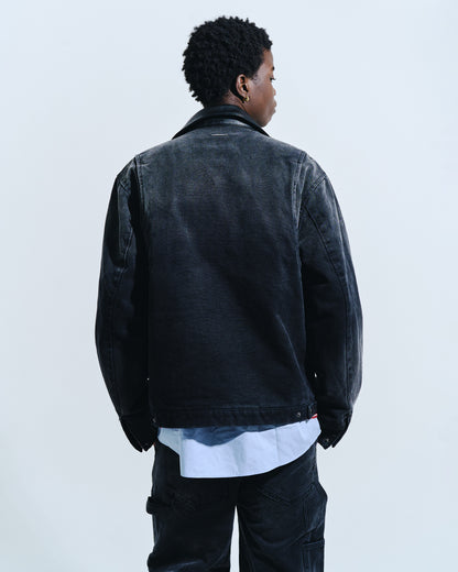 FAUX LEATHER COLLAR FADED DETROIT JACKET