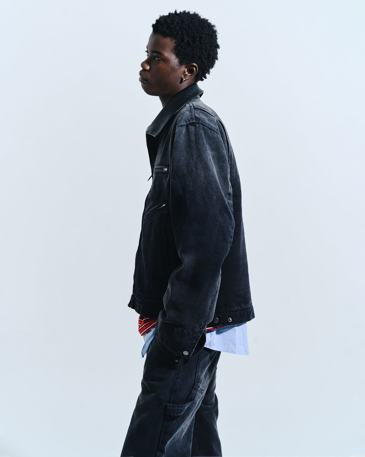 FAUX LEATHER COLLAR FADED DETROIT JACKET