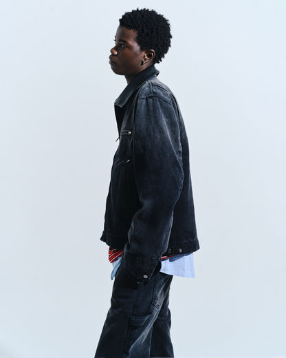 FAUX LEATHER COLLAR FADED DETROIT JACKET