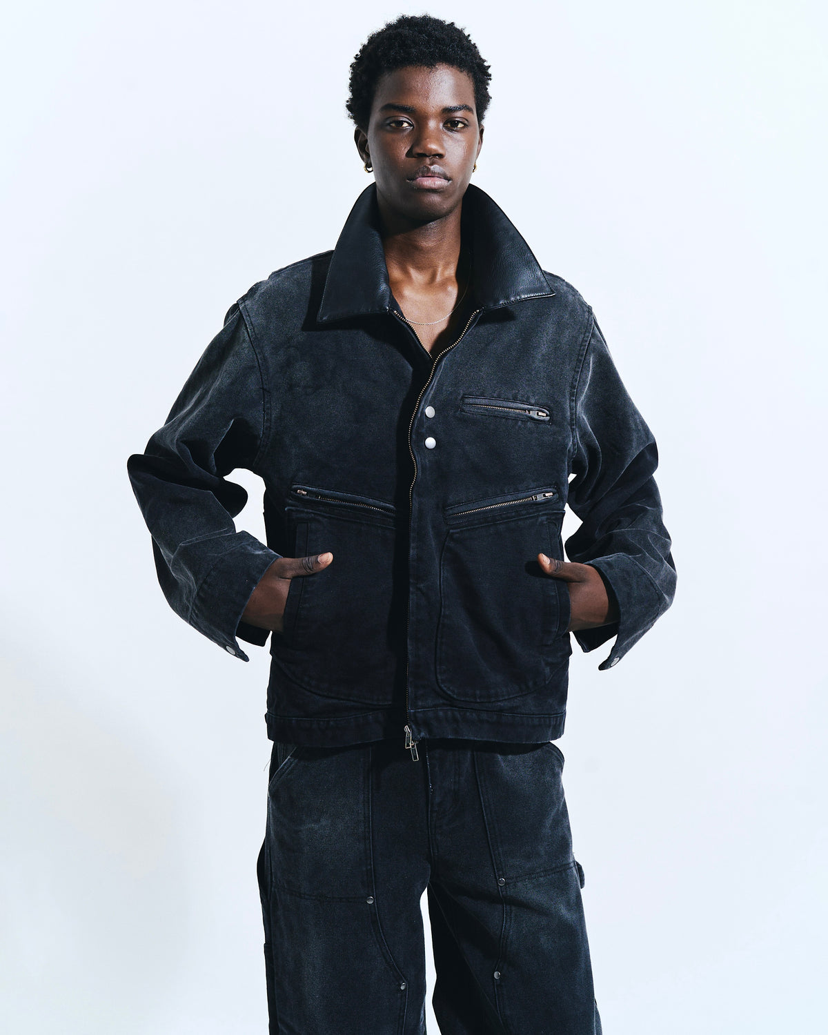 FAUX LEATHER COLLAR FADED DETROIT JACKET